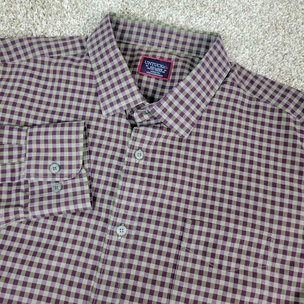 Untuckit Slim Fit Wrinkle Free Mens 2XL Maroon Brown Gingham Check Button Up LS